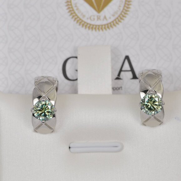 Certified 1ct Blue Green Moissanite Hoop Earrings 925 Sterling - Picture 6 of 8